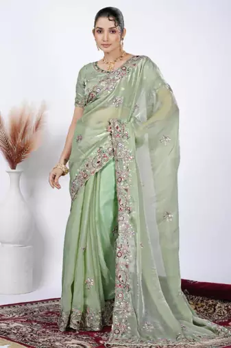 Elegance green detailed resham zari floral embroidery saree with unstitched blouse