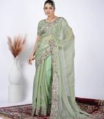 Elegance green detailed resham zari floral embroidery saree with unstitched blouse