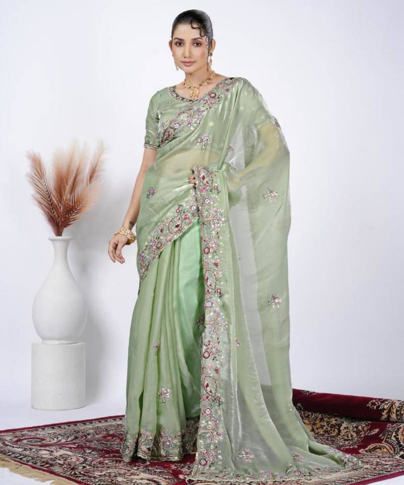 Elegance green detailed resham zari floral embroidery saree with unstitched blouse
