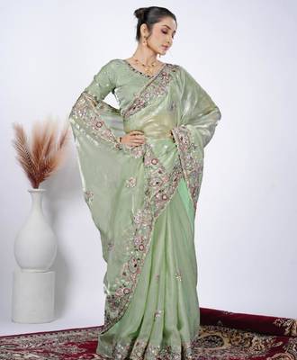 Elegance green detailed resham zari floral embroidery saree with unstitched blouse 2