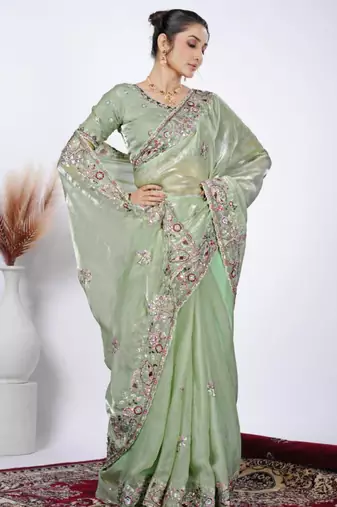 Elegance green detailed resham zari floral embroidery saree with unstitched blouse