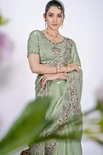 Elegance green detailed resham zari floral embroidery saree with unstitched blouse