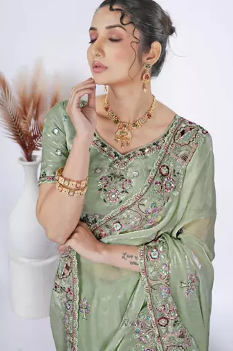 Elegance green detailed resham zari floral embroidery saree with unstitched blouse