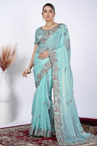 New collection light firozi detailed resham zari floral embroidery saree with unstitched blouse