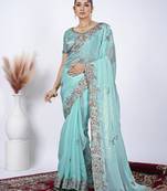 New collection light firozi detailed resham zari floral embroidery saree with unstitched blouse