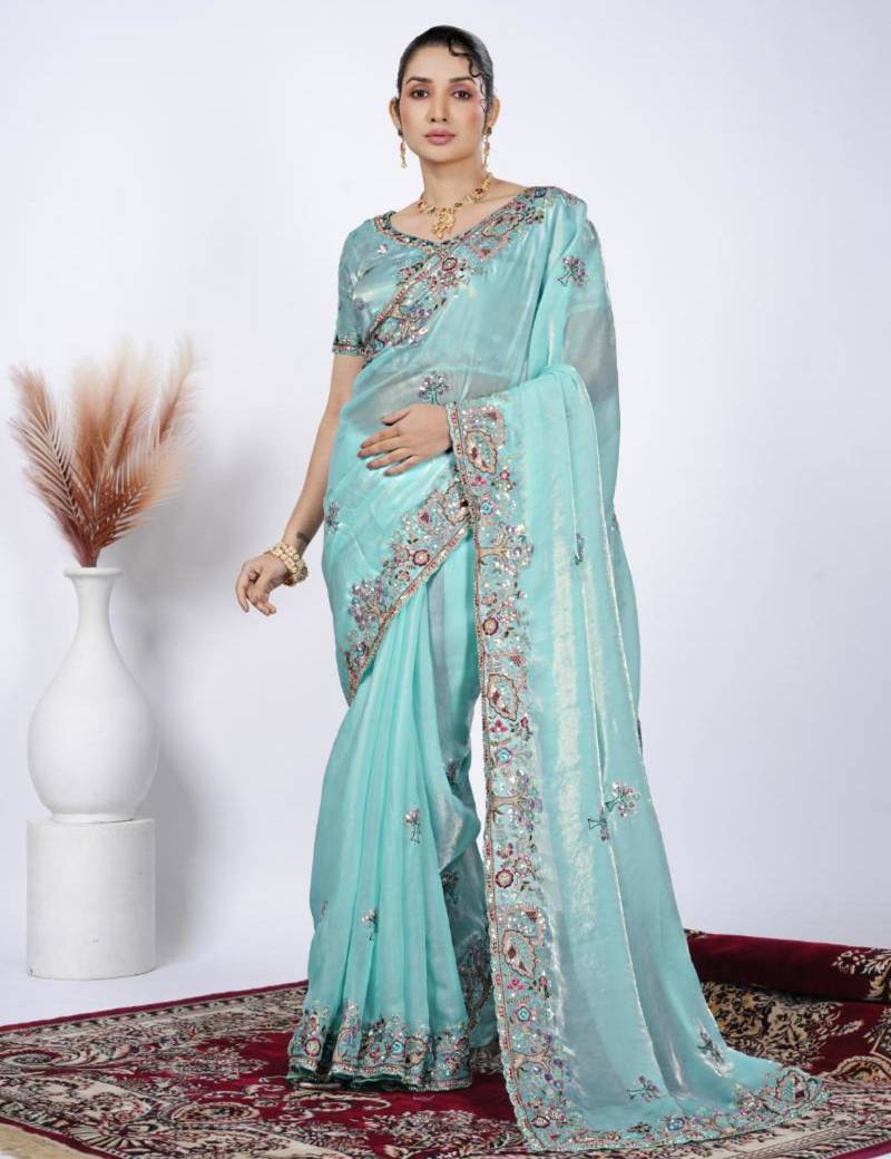 New collection light firozi detailed resham zari floral embroidery saree with unstitched blouse