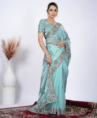 New collection light firozi detailed resham zari floral embroidery saree with unstitched blouse 2