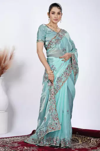 New collection light firozi detailed resham zari floral embroidery saree with unstitched blouse
