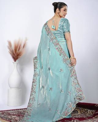 New collection light firozi detailed resham zari floral embroidery saree with unstitched blouse 3