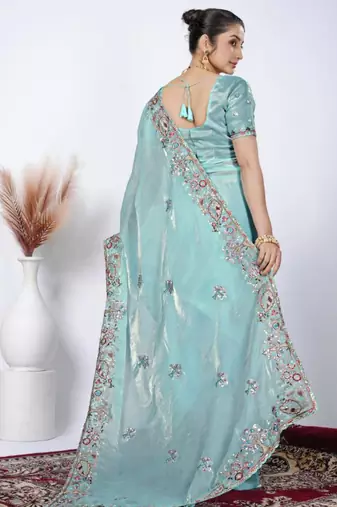 New collection light firozi detailed resham zari floral embroidery saree with unstitched blouse