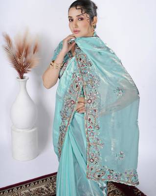 New collection light firozi detailed resham zari floral embroidery saree with unstitched blouse 4
