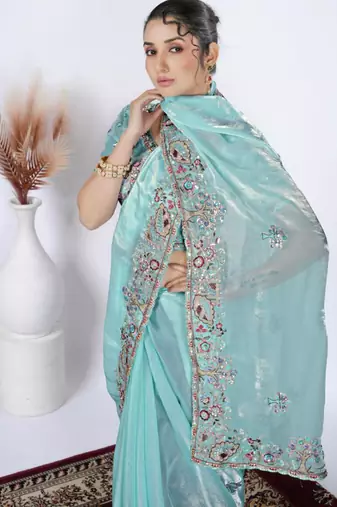 New collection light firozi detailed resham zari floral embroidery saree with unstitched blouse