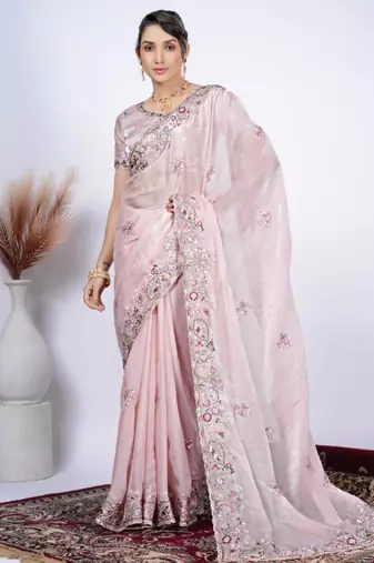 Latest light peach detailed resham zari floral embroidery saree with unstitched blouse