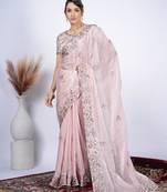 Latest light peach detailed resham zari floral embroidery saree with unstitched blouse