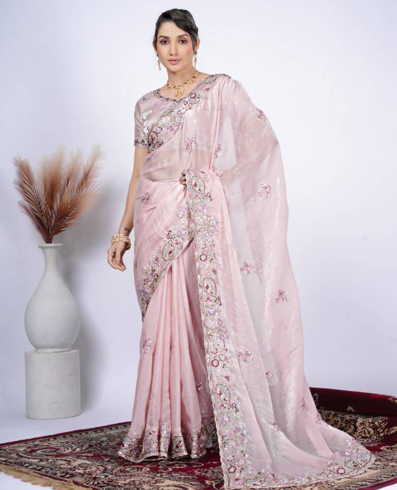 Latest light peach detailed resham zari floral embroidery saree with unstitched blouse
