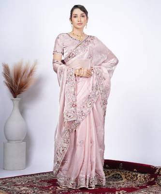 Latest light peach detailed resham zari floral embroidery saree with unstitched blouse 2