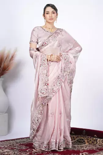 Latest light peach detailed resham zari floral embroidery saree with unstitched blouse