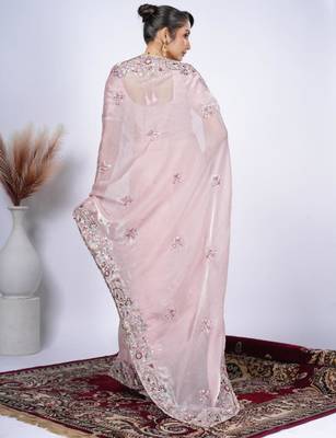 Latest light peach detailed resham zari floral embroidery saree with unstitched blouse 3