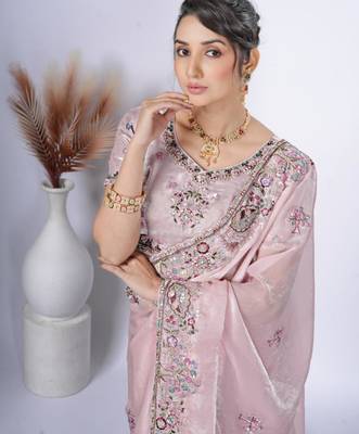Latest light peach detailed resham zari floral embroidery saree with unstitched blouse 4