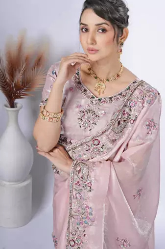 Latest light peach detailed resham zari floral embroidery saree with unstitched blouse