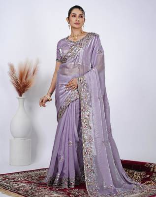 Celebrity inspired purple detailed resham zari floral embroidery saree with unstitched blouse 1
