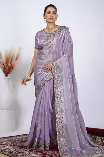 Celebrity inspired purple detailed resham zari floral embroidery saree with unstitched blouse