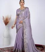 Celebrity inspired purple detailed resham zari floral embroidery saree with unstitched blouse