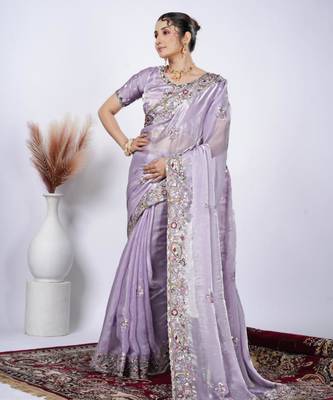 Celebrity inspired purple detailed resham zari floral embroidery saree with unstitched blouse 2