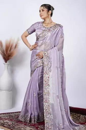 Celebrity inspired purple detailed resham zari floral embroidery saree with unstitched blouse