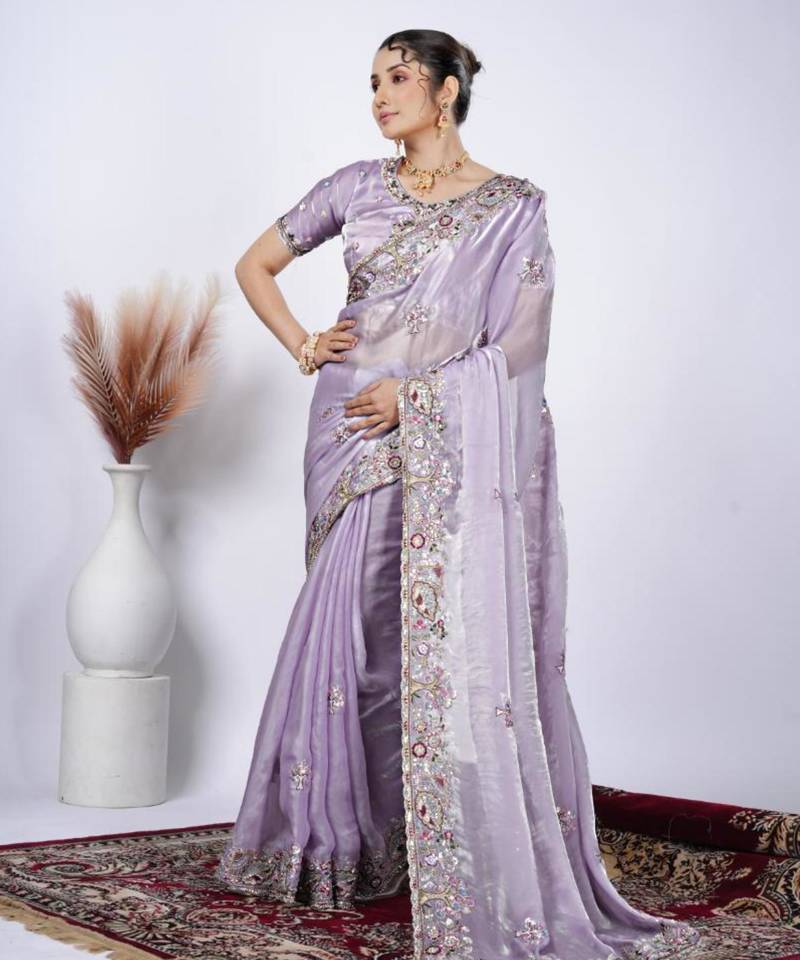 Celebrity inspired purple detailed resham zari floral embroidery saree with unstitched blouse