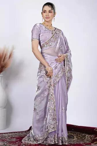 Celebrity inspired purple detailed resham zari floral embroidery saree with unstitched blouse