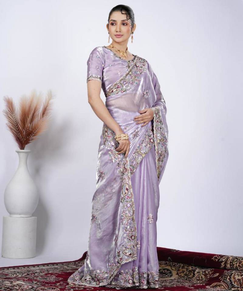Celebrity inspired purple detailed resham zari floral embroidery saree with unstitched blouse
