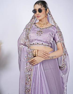 Celebrity inspired purple detailed resham zari floral embroidery saree with unstitched blouse 4