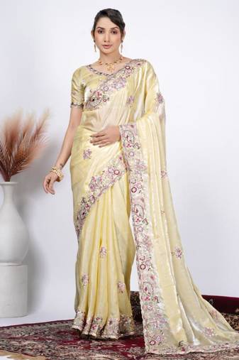Bollywood yellow detailed resham zari floral embroidery saree with unstitched blouse