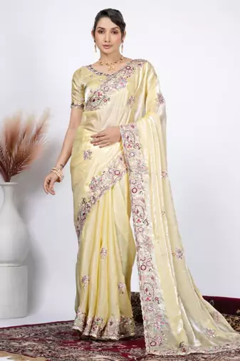 Bollywood yellow detailed resham zari floral embroidery saree with unstitched blouse