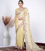 Bollywood yellow detailed resham zari floral embroidery saree with unstitched blouse