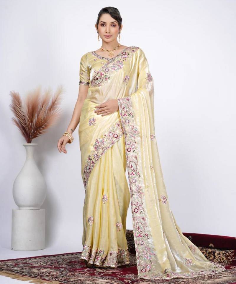 Bollywood yellow detailed resham zari floral embroidery saree with unstitched blouse
