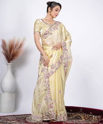 Bollywood yellow detailed resham zari floral embroidery saree with unstitched blouse 2