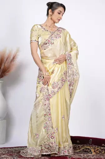 Bollywood yellow detailed resham zari floral embroidery saree with unstitched blouse