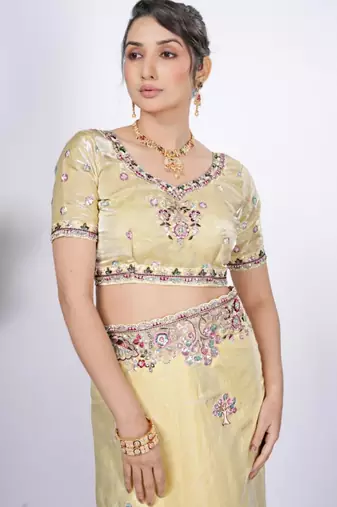 Bollywood yellow detailed resham zari floral embroidery saree with unstitched blouse