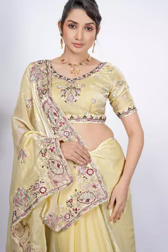 Bollywood yellow detailed resham zari floral embroidery saree with unstitched blouse