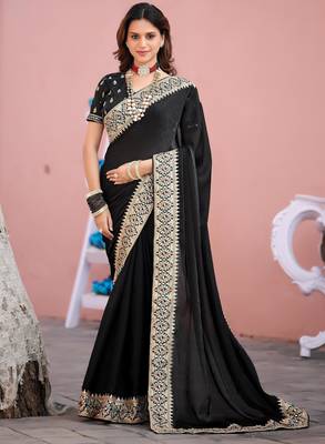 Kanjivaram black embroidered border fandy satin saree with unstitched blouse 1