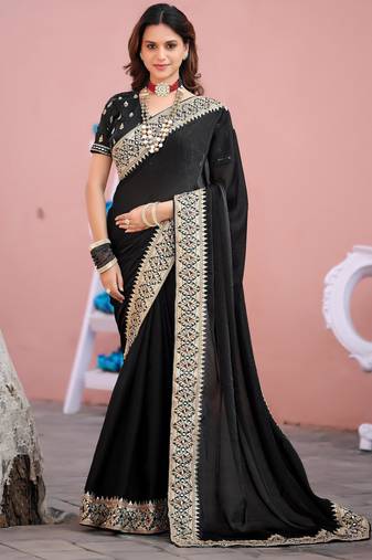 Kanjivaram black embroidered border fandy satin saree with unstitched blouse