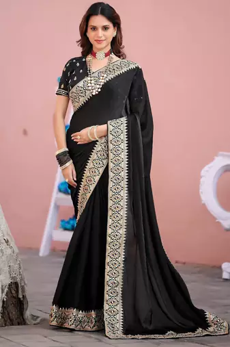 Kanjivaram black embroidered border fandy satin saree with unstitched blouse