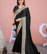 Kanjivaram black embroidered border fandy satin saree with unstitched blouse