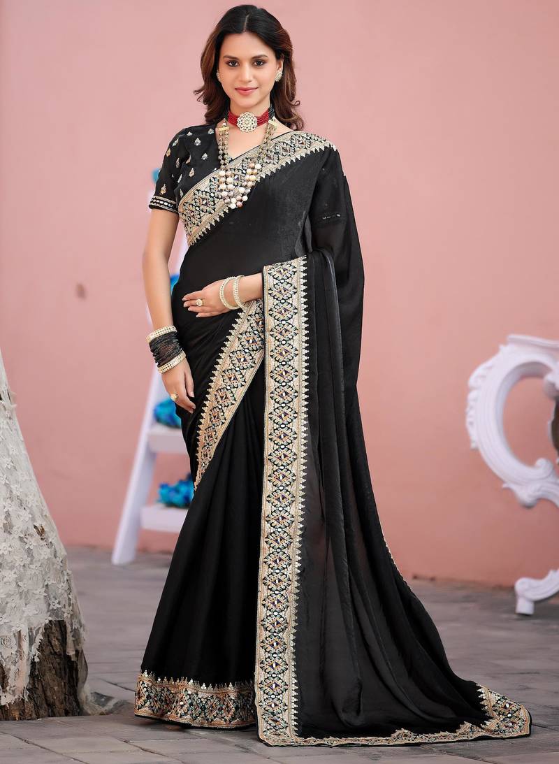 Kanjivaram black embroidered border fandy satin saree with unstitched blouse