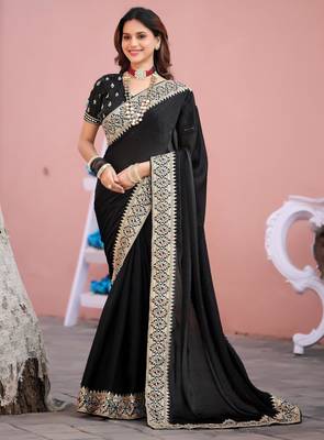 Kanjivaram black embroidered border fandy satin saree with unstitched blouse 2