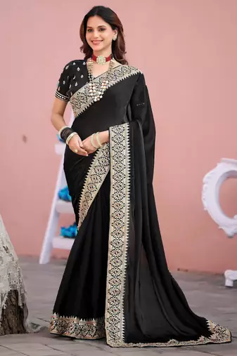 Kanjivaram black embroidered border fandy satin saree with unstitched blouse