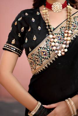 Kanjivaram black embroidered border fandy satin saree with unstitched blouse 3