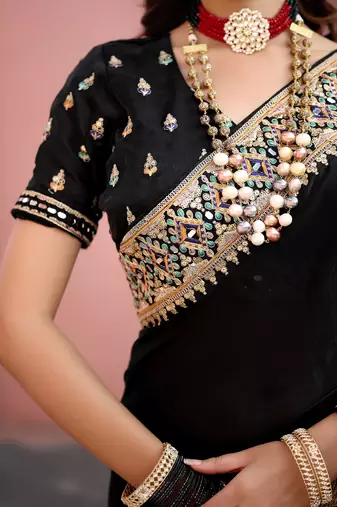 Kanjivaram black embroidered border fandy satin saree with unstitched blouse